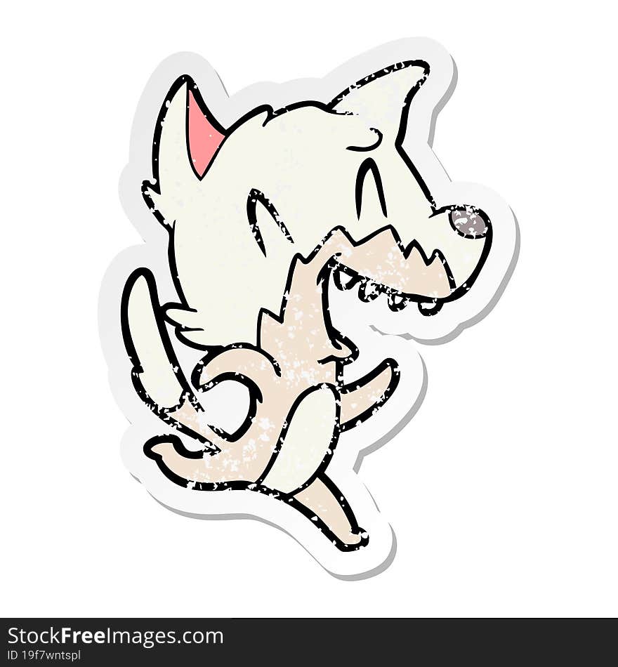 distressed sticker of a laughing fox running away