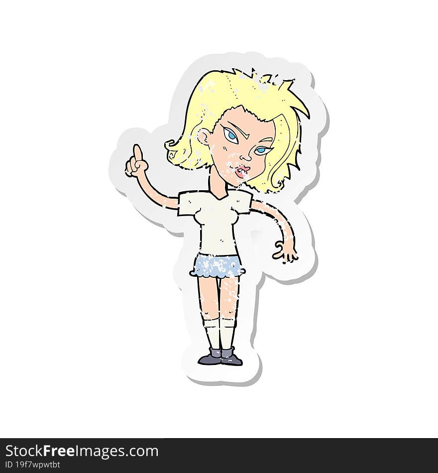 Retro Distressed Sticker Of A Cartoon Woman With Idea