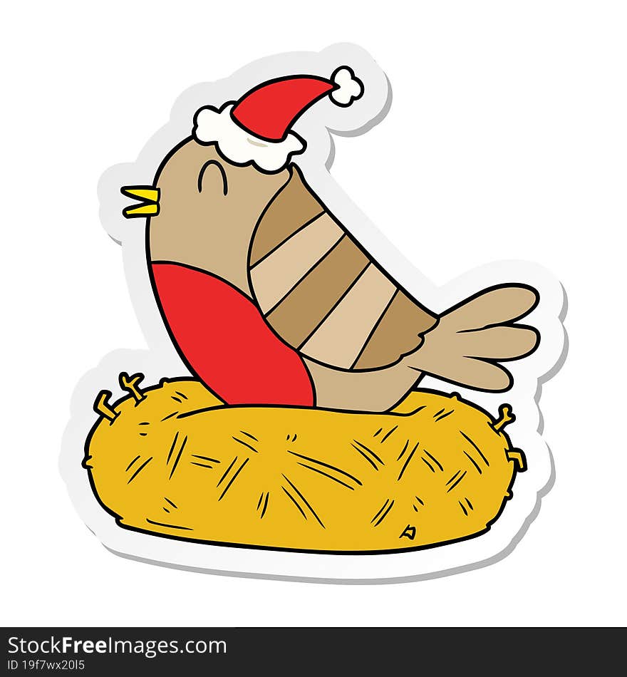 hand drawn sticker cartoon of a bird sitting on nest wearing santa hat