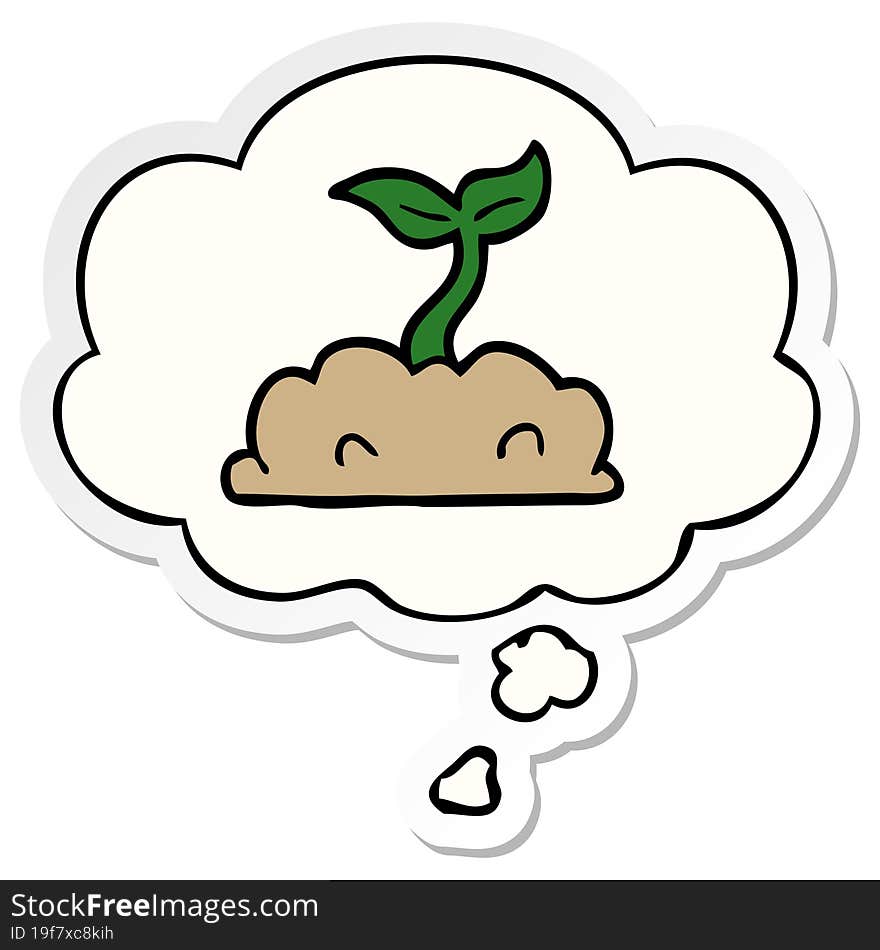 Cartoon Growing Seedling And Thought Bubble As A Printed Sticker