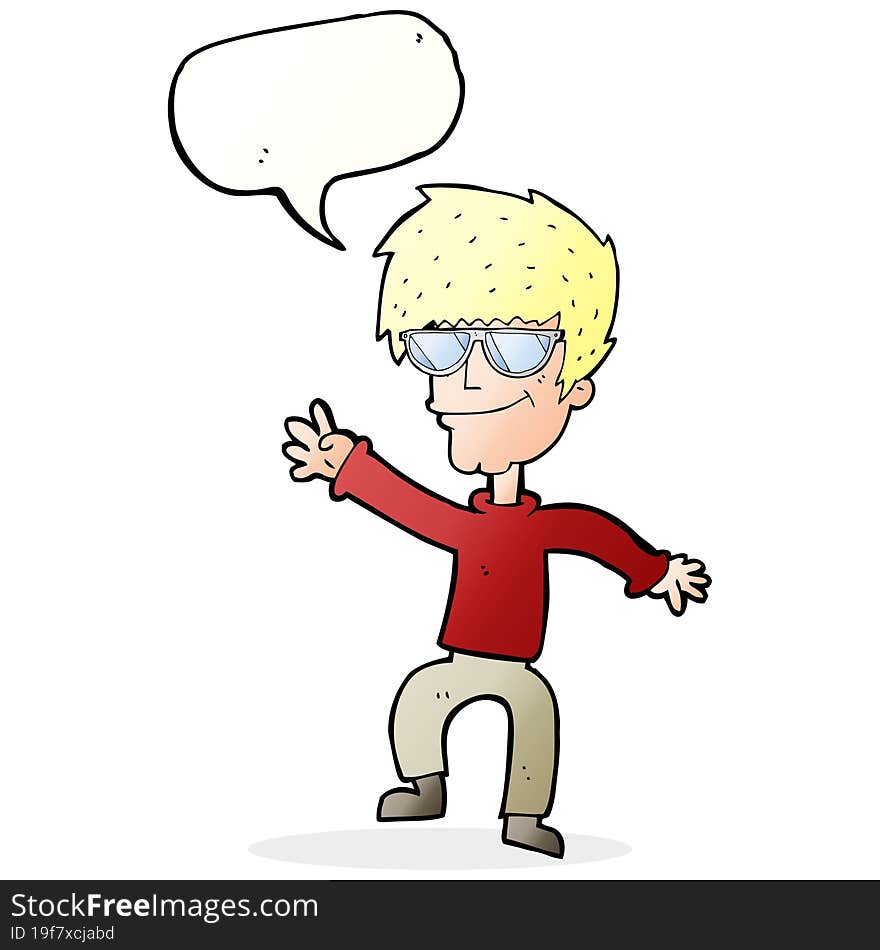 cartoon waving cool guy with speech bubble