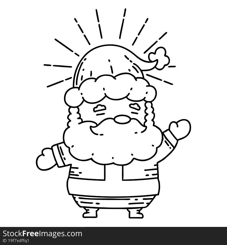 illustration of a traditional black line work tattoo style santa claus christmas character