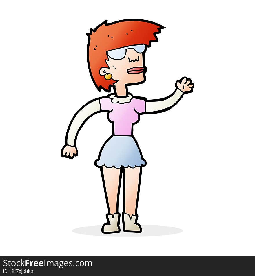 cartoon woman in spectacles waving