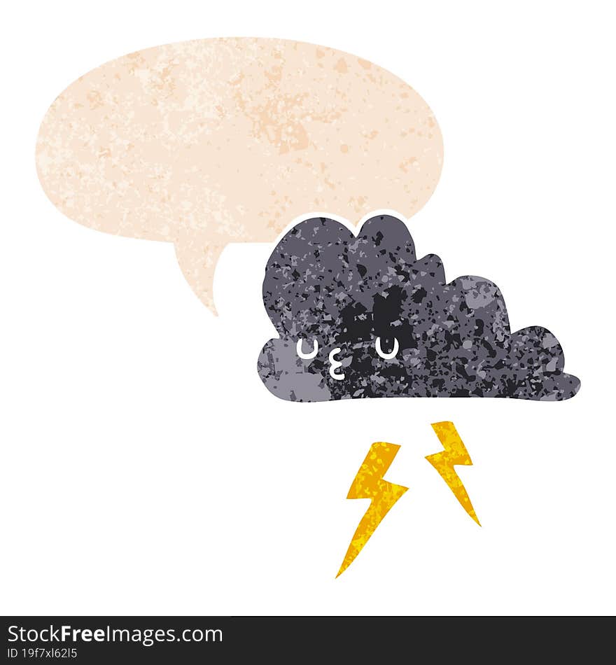 cartoon storm cloud and speech bubble in retro textured style