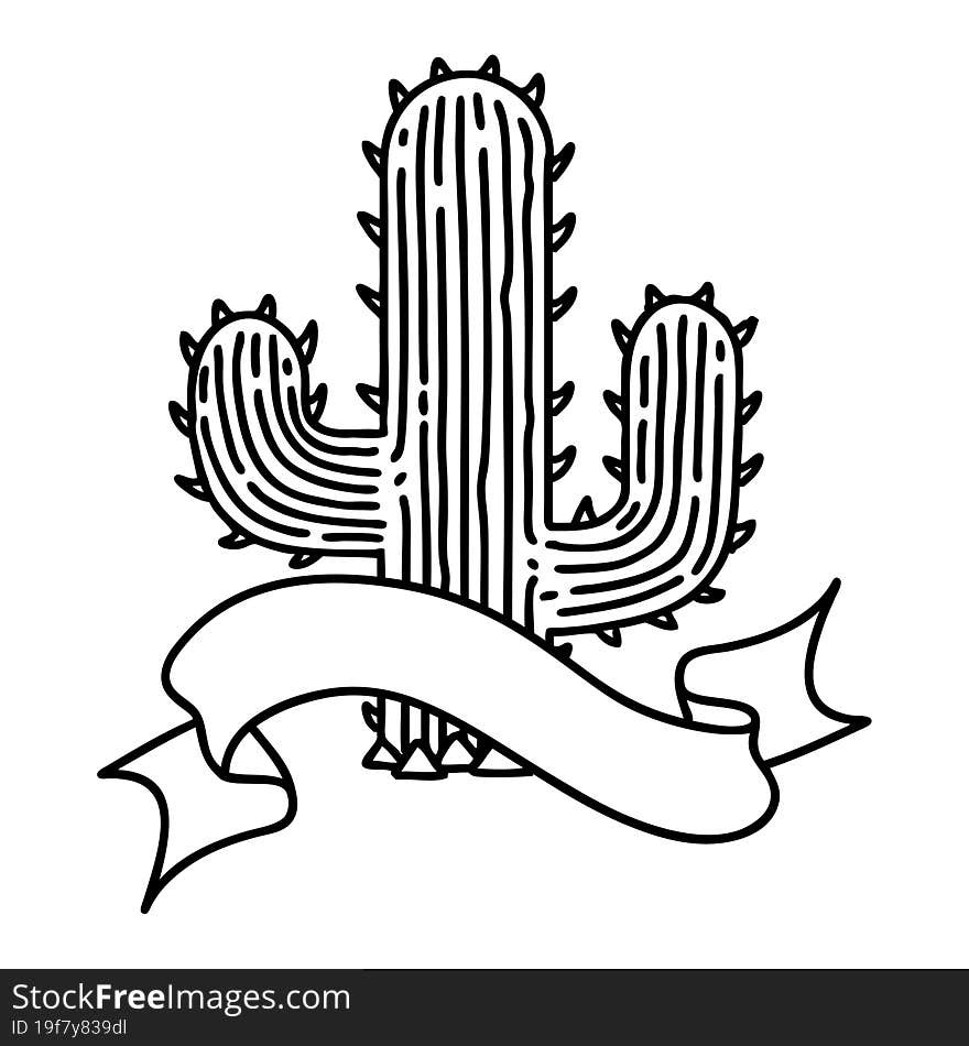 black linework tattoo with banner of a cactus