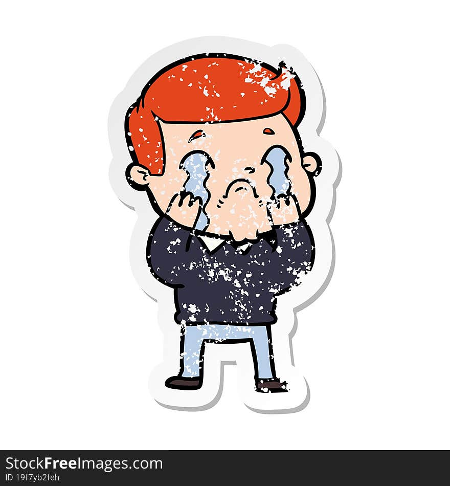 distressed sticker of a cartoon man crying