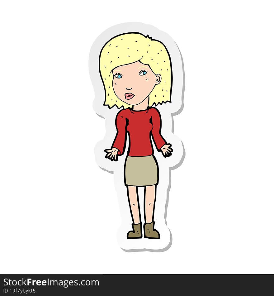 sticker of a cartoon woman shrugging shoulders