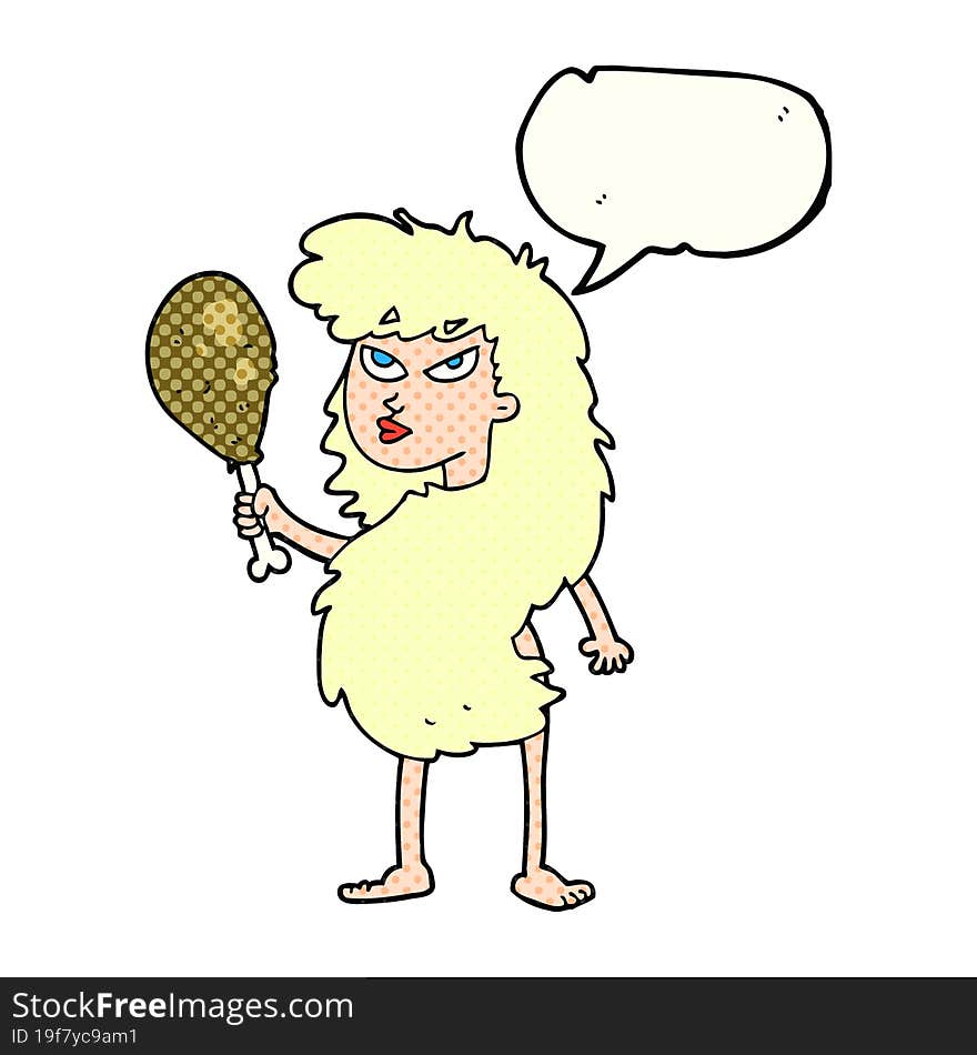 comic book speech bubble cartoon cavewoman with meat