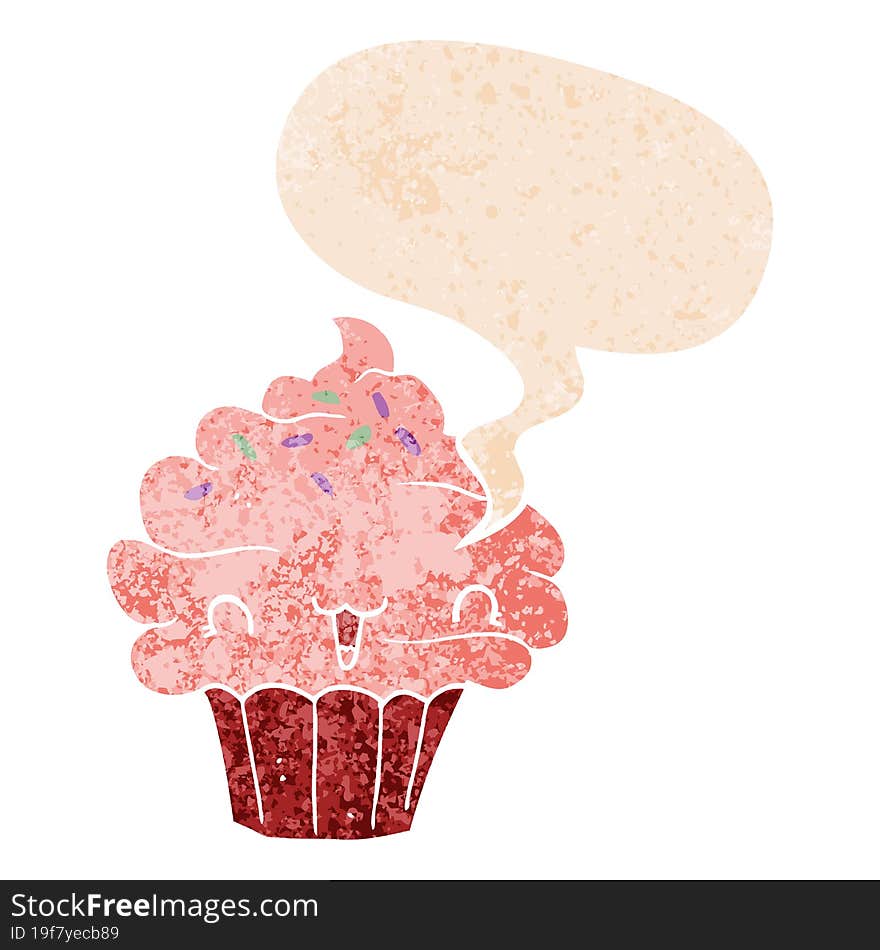 Cute Cartoon Frosted Cupcake And Speech Bubble In Retro Textured Style