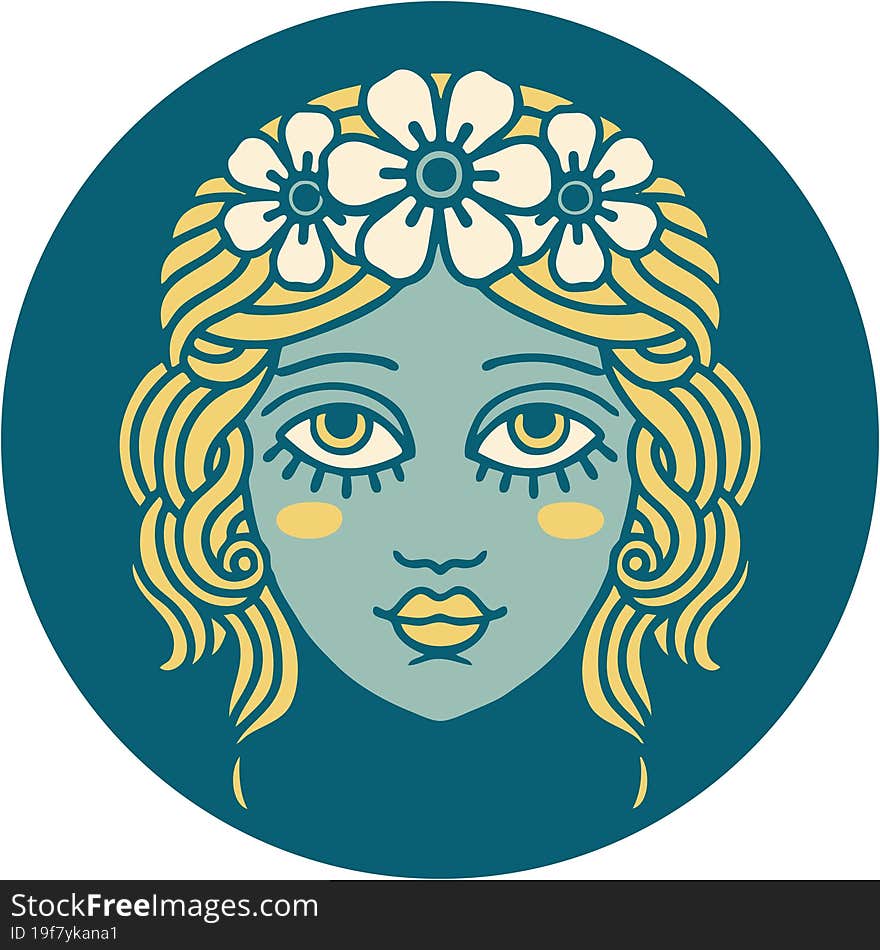 tattoo style icon of female face with crown of flowers