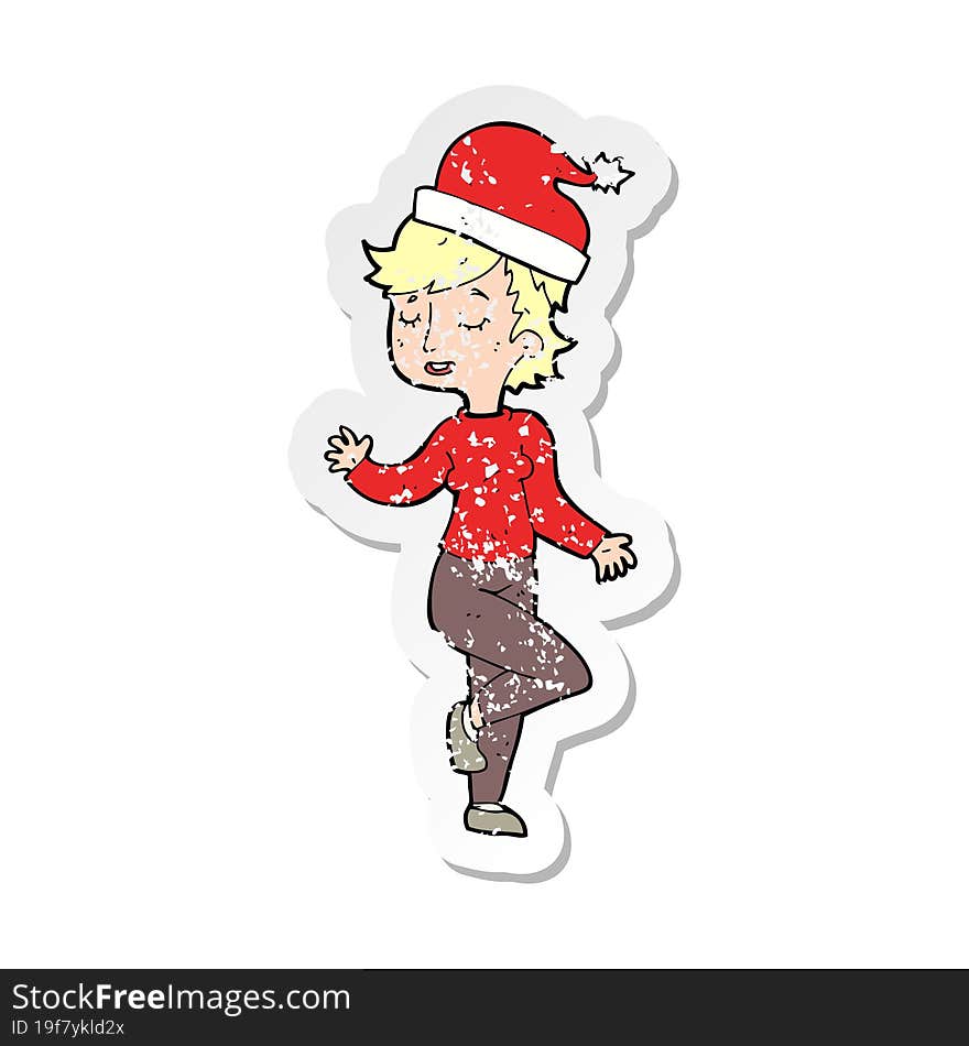 Retro Distressed Sticker Of A Cartoon Woman Getting Ready For Christmas