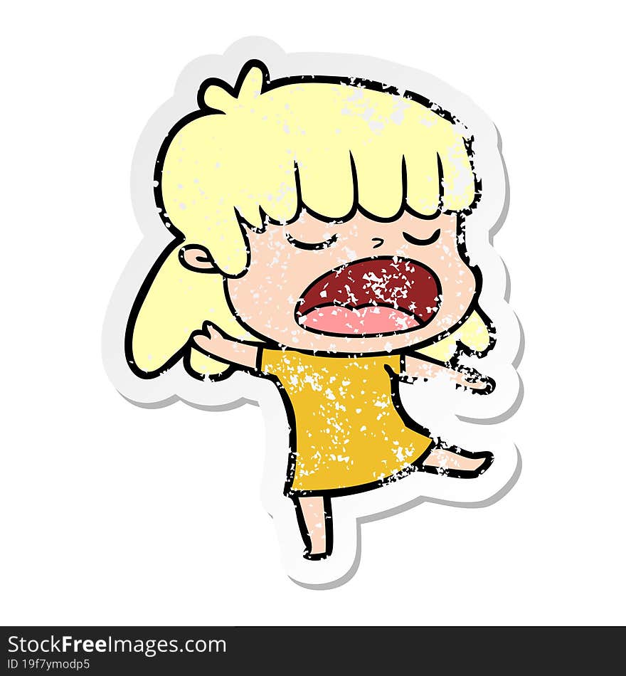 distressed sticker of a cartoon woman talking loudly