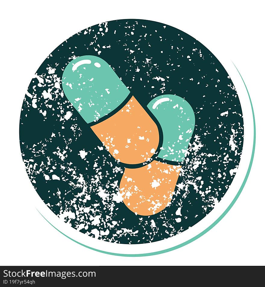 distressed sticker tattoo style icon of a pills