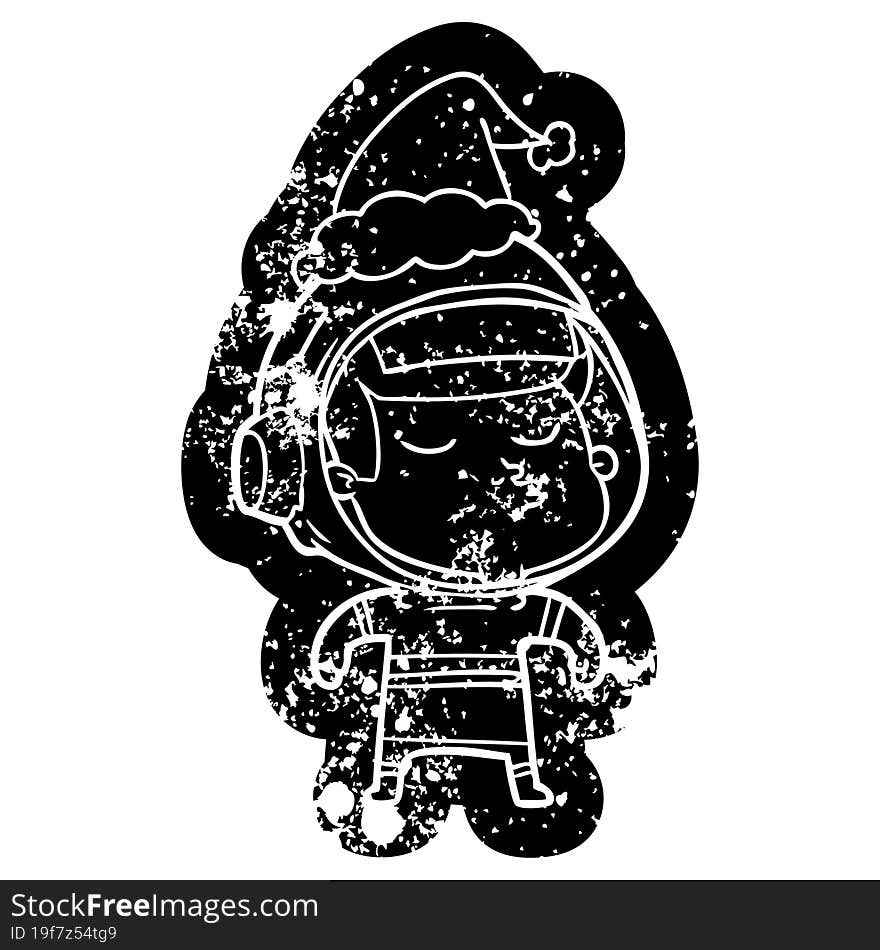 quirky cartoon distressed icon of a confident astronaut wearing santa hat