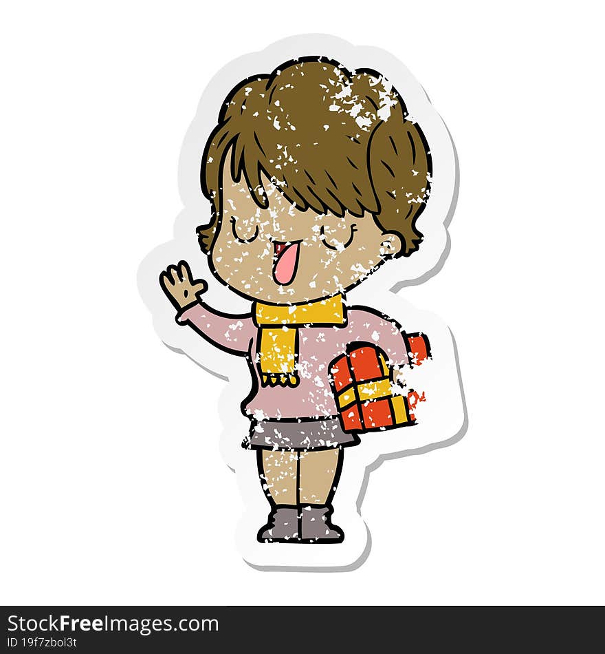 distressed sticker of a cartoon woman talking