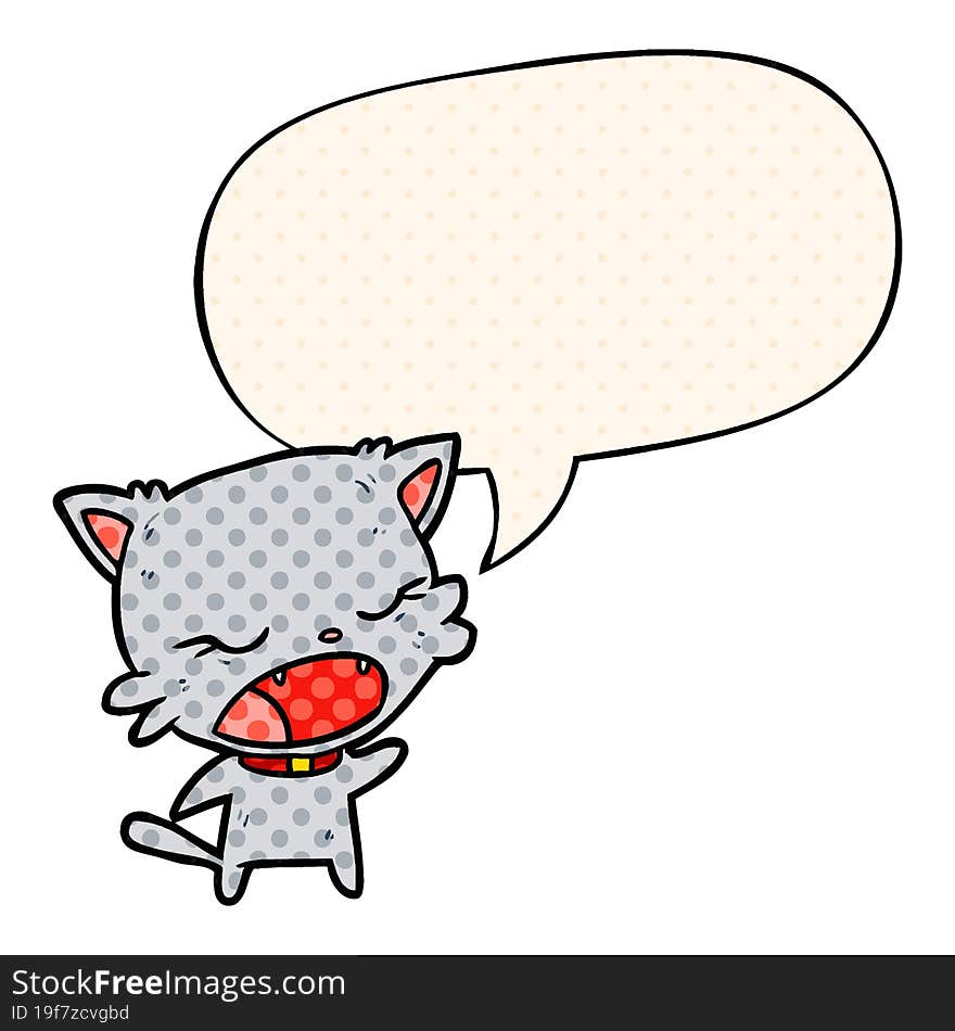 cute cartoon cat talking and speech bubble in comic book style