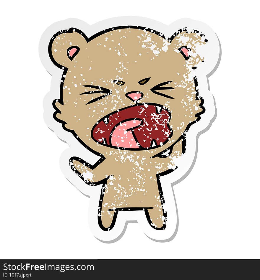 distressed sticker of a angry cartoon bear shouting