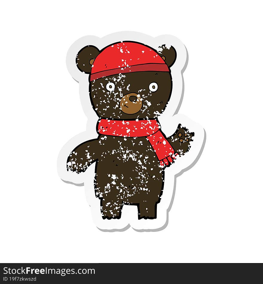 Retro Distressed Sticker Of A Cartoon Waving Black Bear