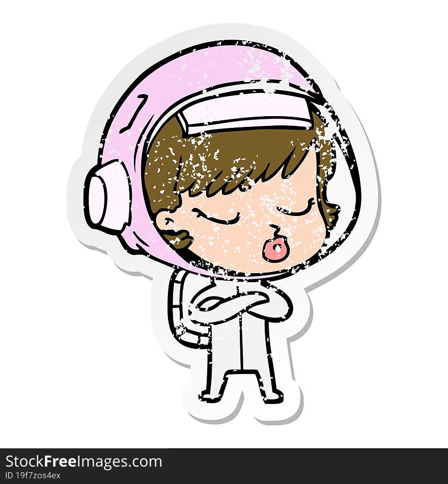 distressed sticker of a cartoon pretty astronaut girl