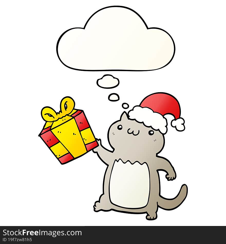 cute cartoon christmas cat and thought bubble in smooth gradient style