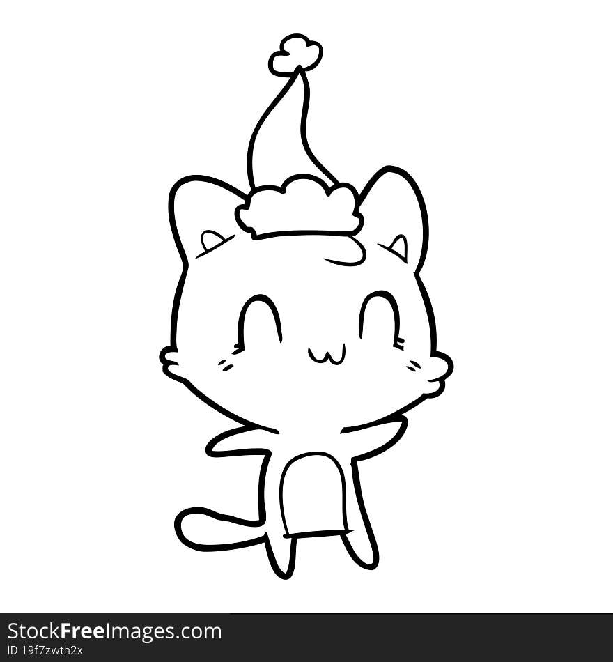 line drawing of a happy cat wearing santa hat