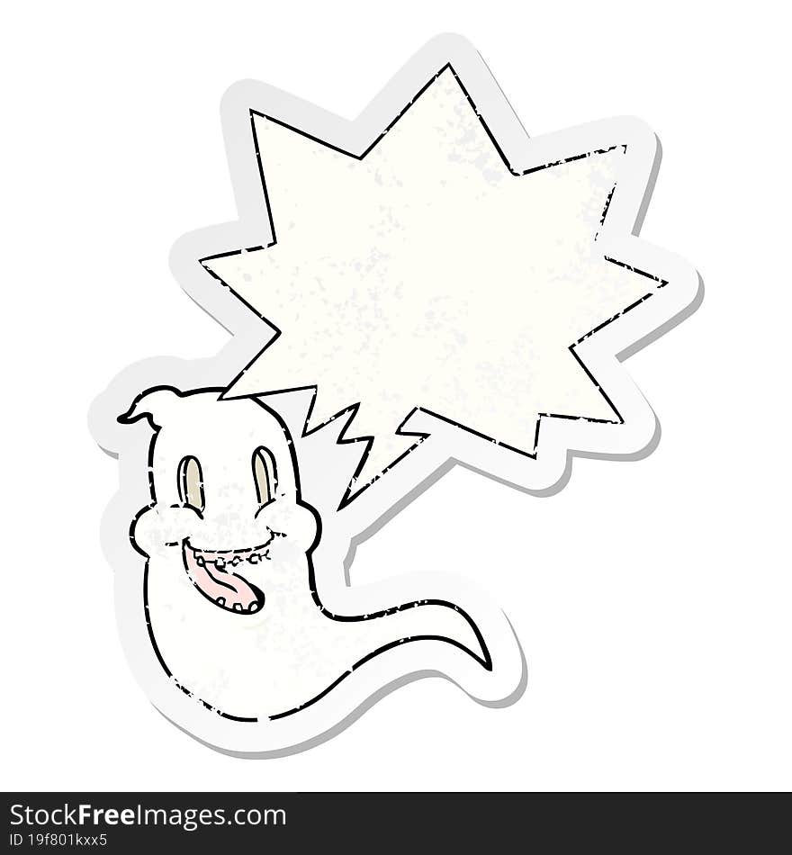 Cartoon Spooky Ghost And Speech Bubble Distressed Sticker