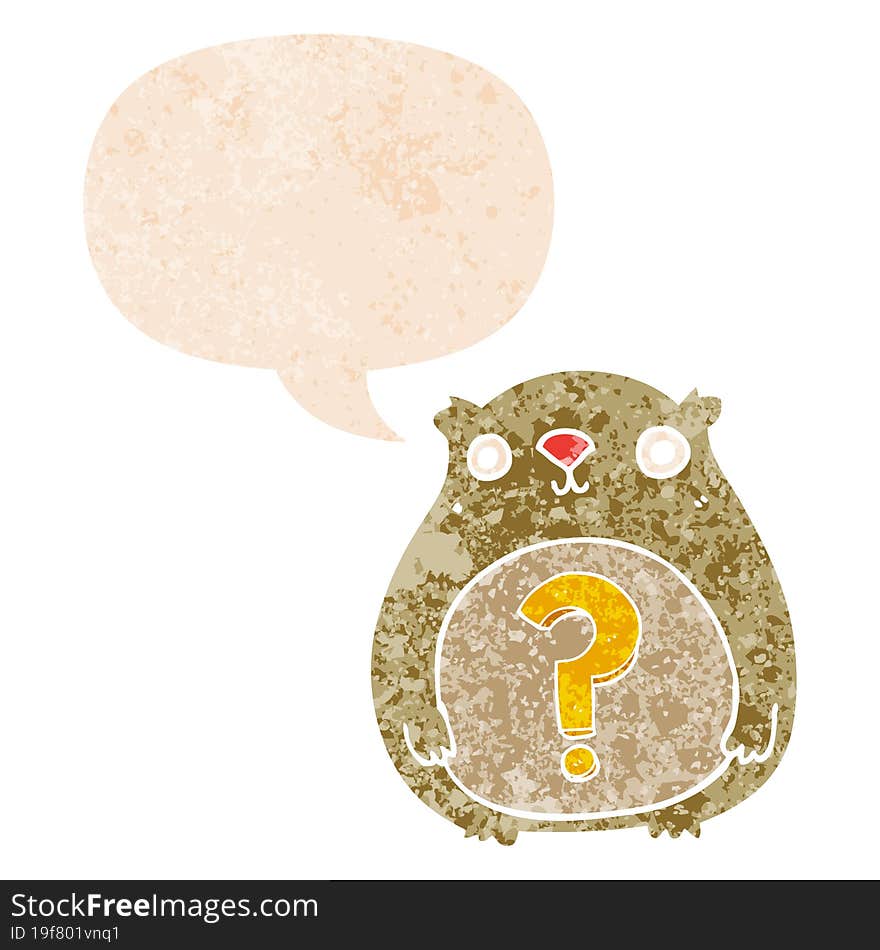 cartoon curious bear and speech bubble in retro textured style