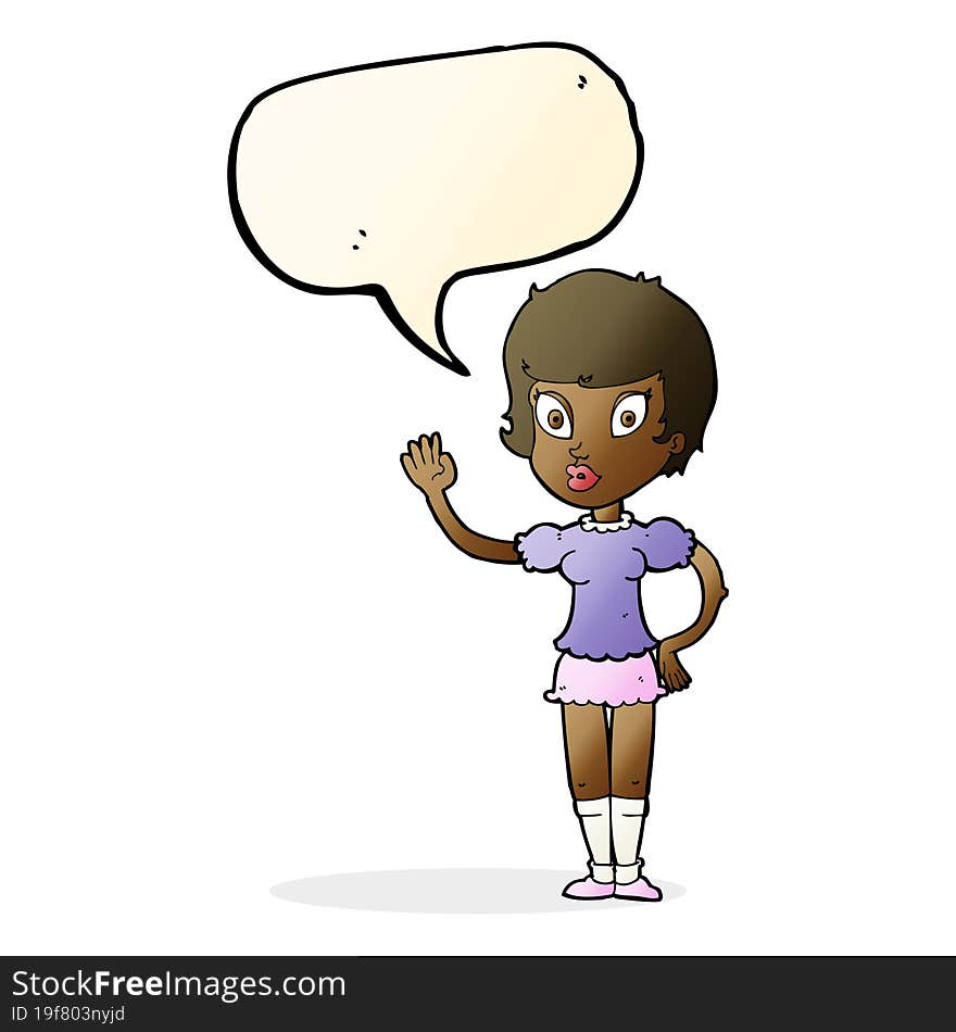 cartoon pretty girl waving with speech bubble