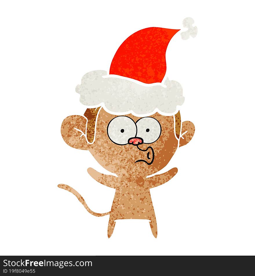 retro cartoon of a surprised monkey wearing santa hat