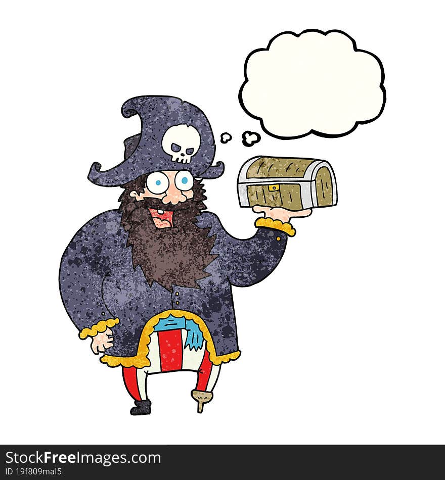 thought bubble textured cartoon pirate captain with treasure chest