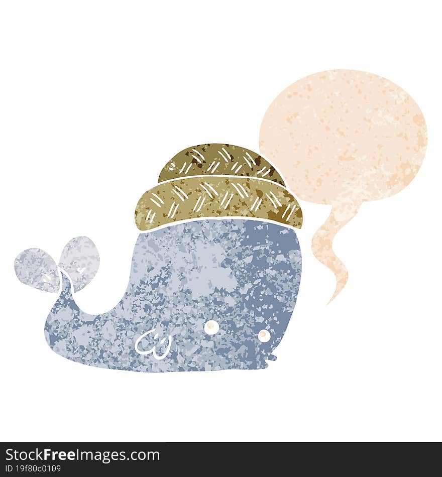 cartoon whale wearing hat and speech bubble in retro textured style