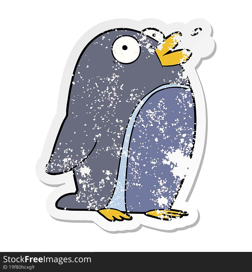 distressed sticker of a cartoon penguin