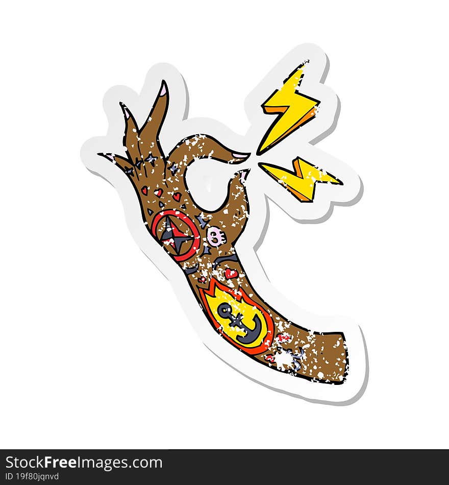 retro distressed sticker of a cartoon tattoo arm symbol