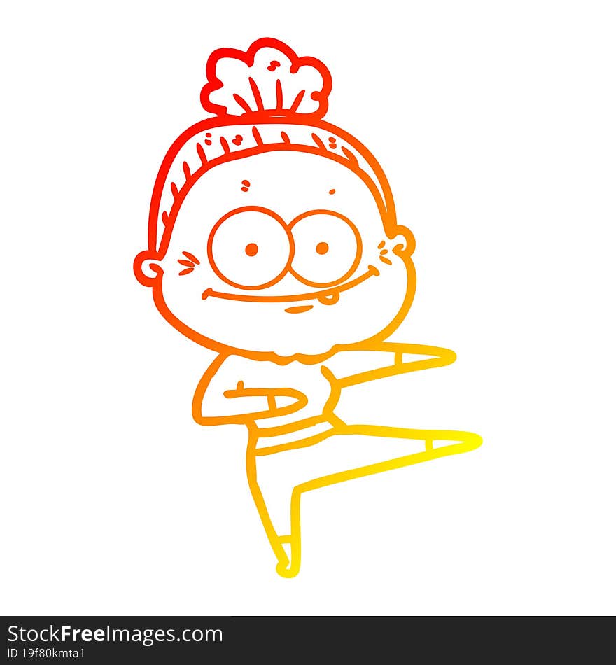 warm gradient line drawing of a cartoon happy old woman