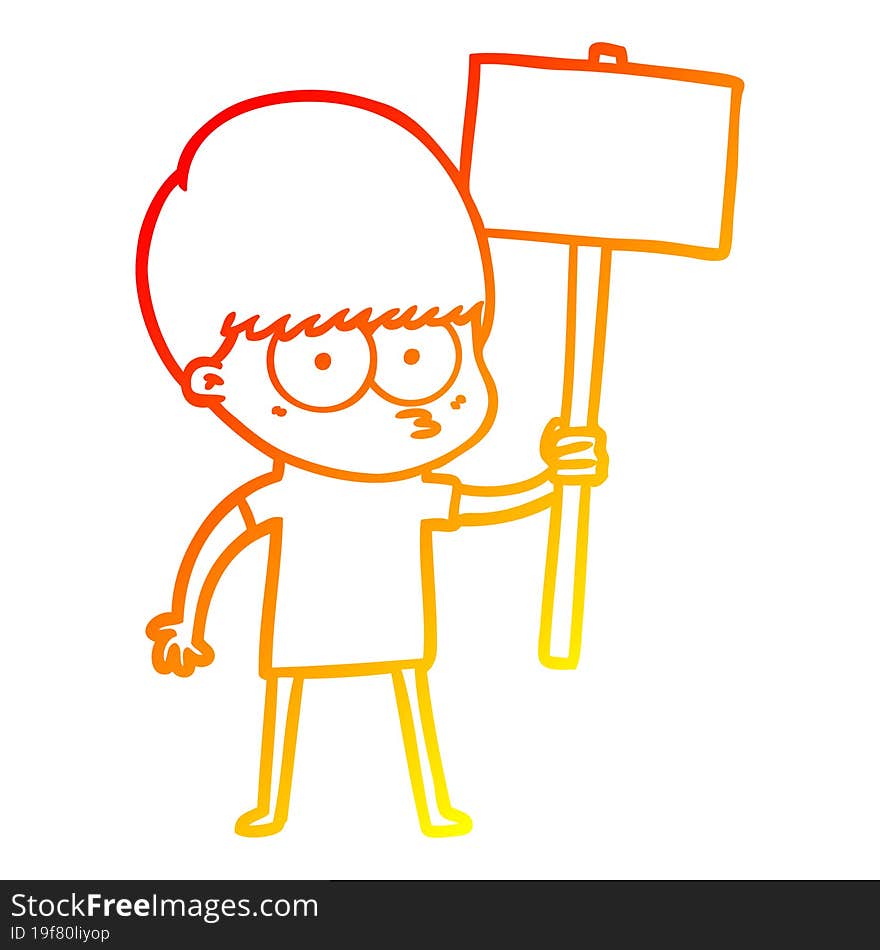 Warm Gradient Line Drawing Nervous Cartoon Boy Holding Placard