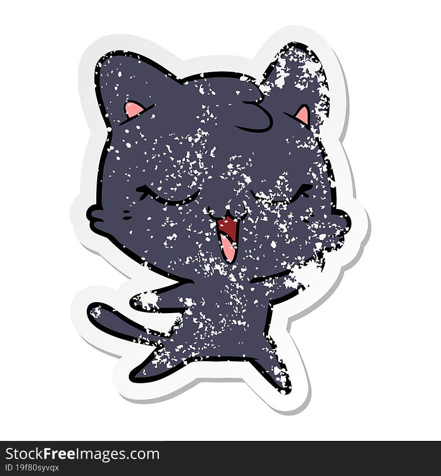 distressed sticker of a happy cartoon cat