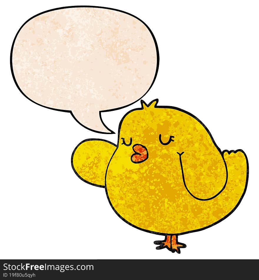 cartoon bird and speech bubble in retro texture style