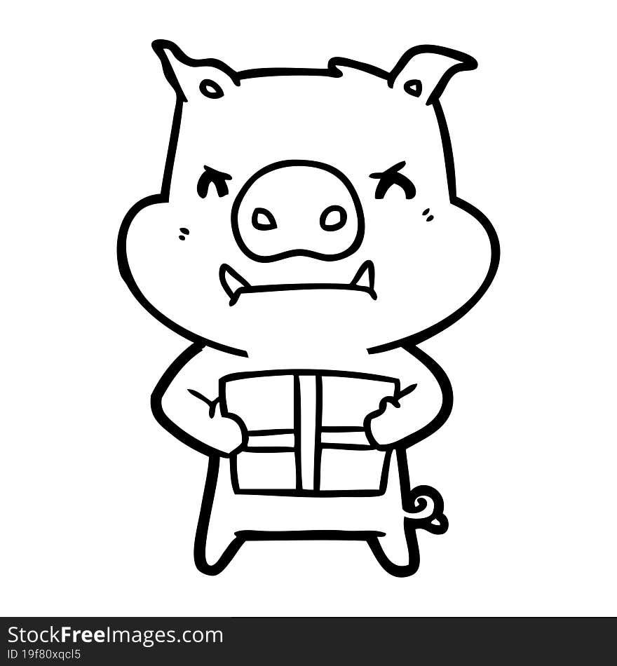 angry cartoon pig with christmas gift. angry cartoon pig with christmas gift