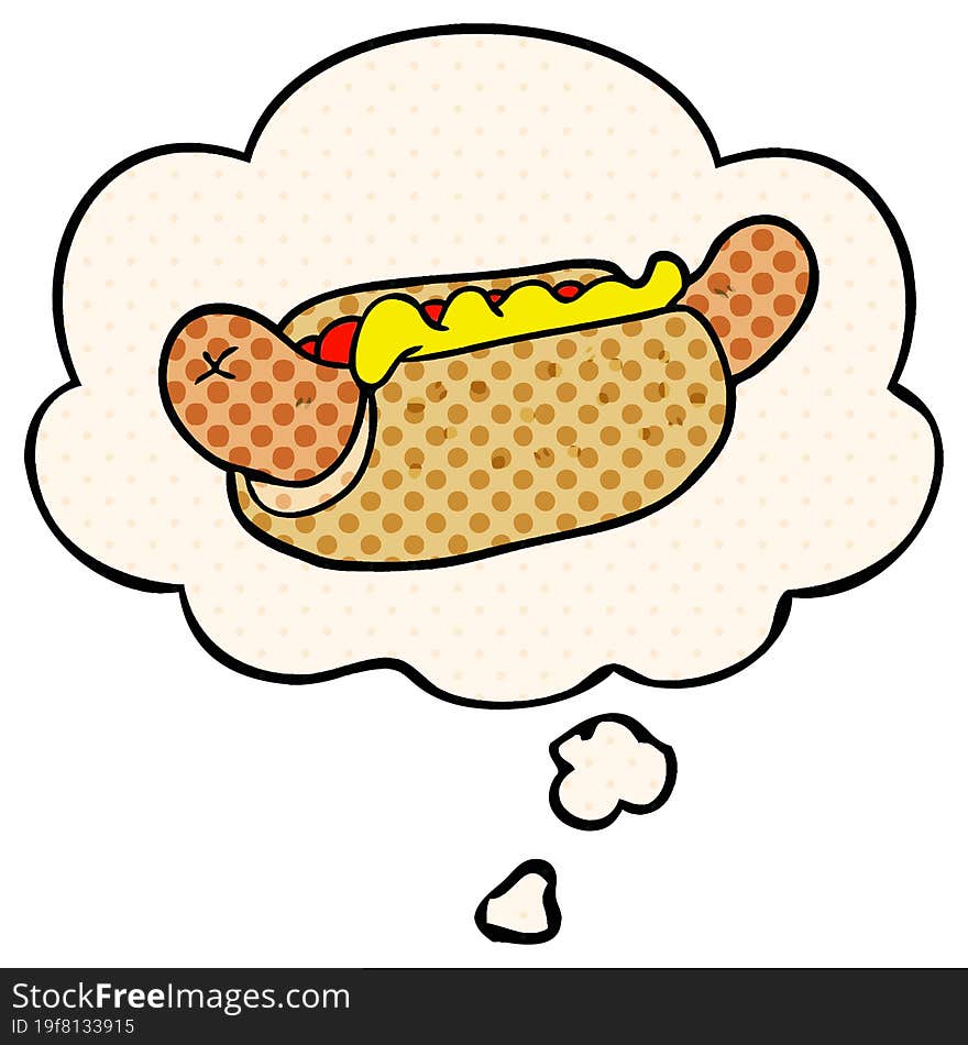 cartoon hot dog and thought bubble in comic book style