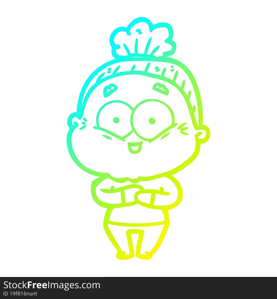 cold gradient line drawing cartoon happy old woman