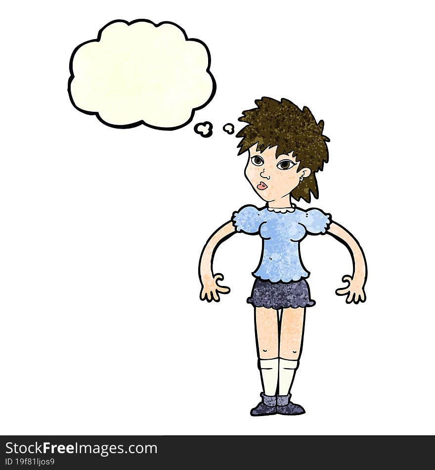 cartoon curious woman with thought bubble