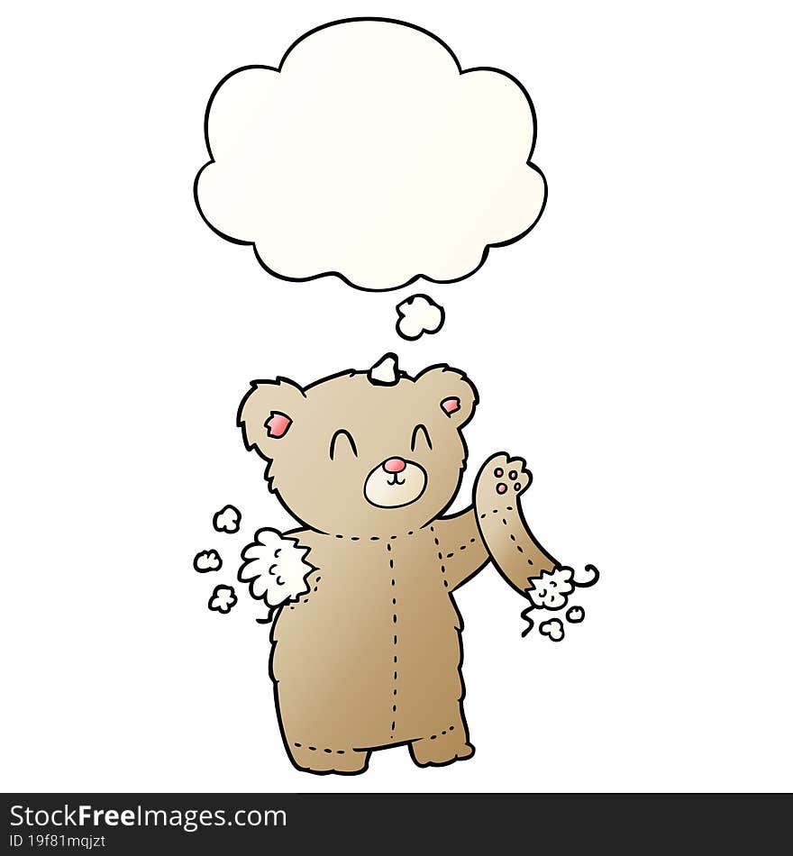 cartoon teddy bear with torn arm and thought bubble in smooth gradient style