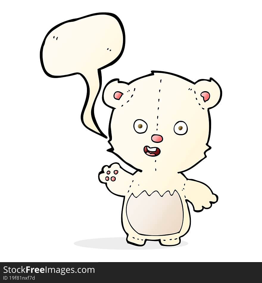 cartoon waving polar bear cub with speech bubble