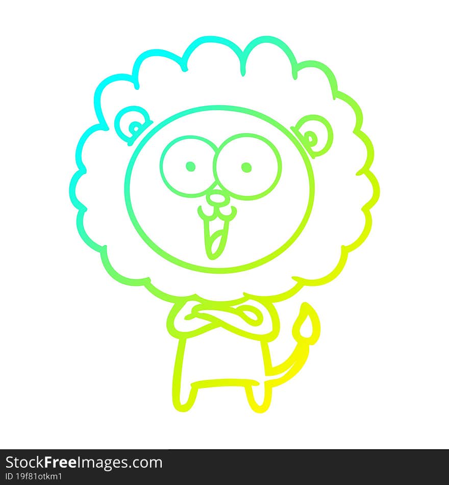 cold gradient line drawing of a happy cartoon lion