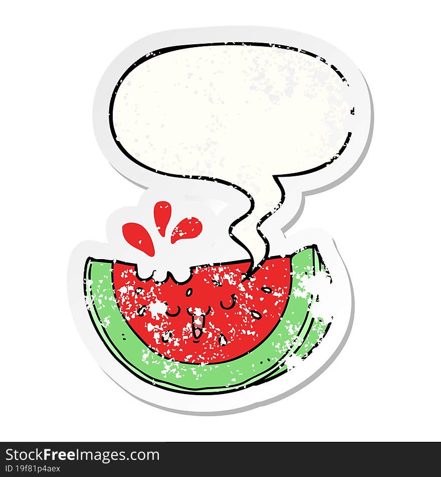 cartoon watermelon with speech bubble distressed distressed old sticker. cartoon watermelon with speech bubble distressed distressed old sticker