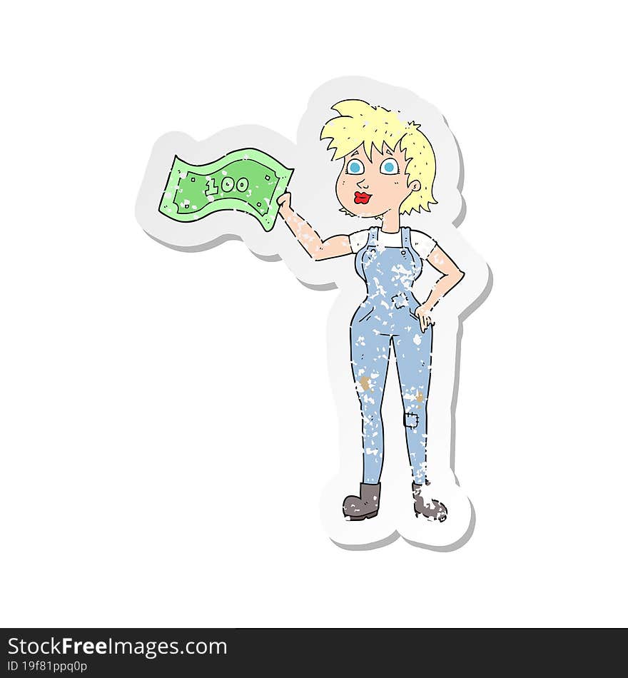 Retro Distressed Sticker Of A Cartoon Confident Farmer Woman With Money