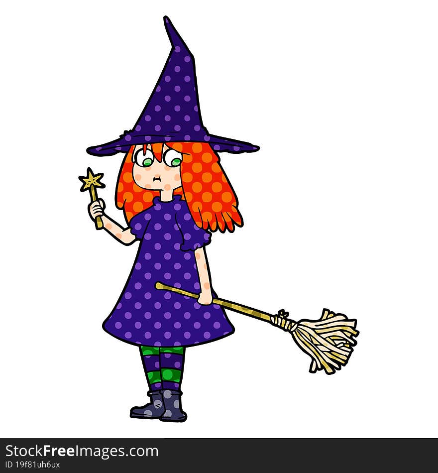 cartoon witch girl with broom. cartoon witch girl with broom