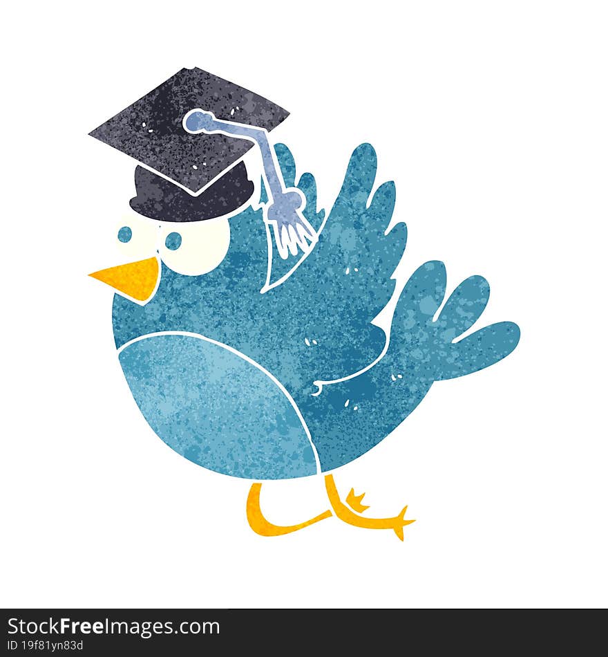 freehand retro cartoon bird wearing graduation cap