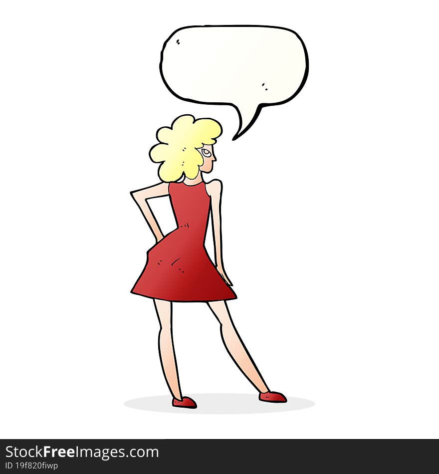 cartoon woman posing in dress with speech bubble