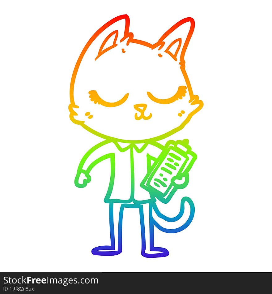 rainbow gradient line drawing calm cartoon cat with clipboard